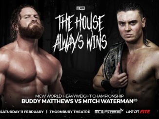 Buddy Matthews vs Mitch Waterman on a poster that reads "MCW The House Always Wins"